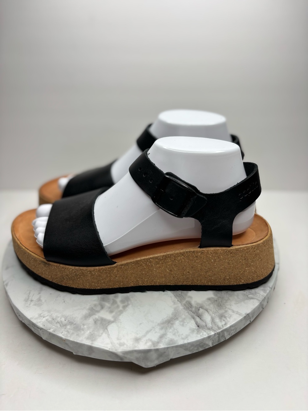 Size 8- Papillio by Birkenstock Black Leather Wedge Ankle Strap Sandals 39 Eur